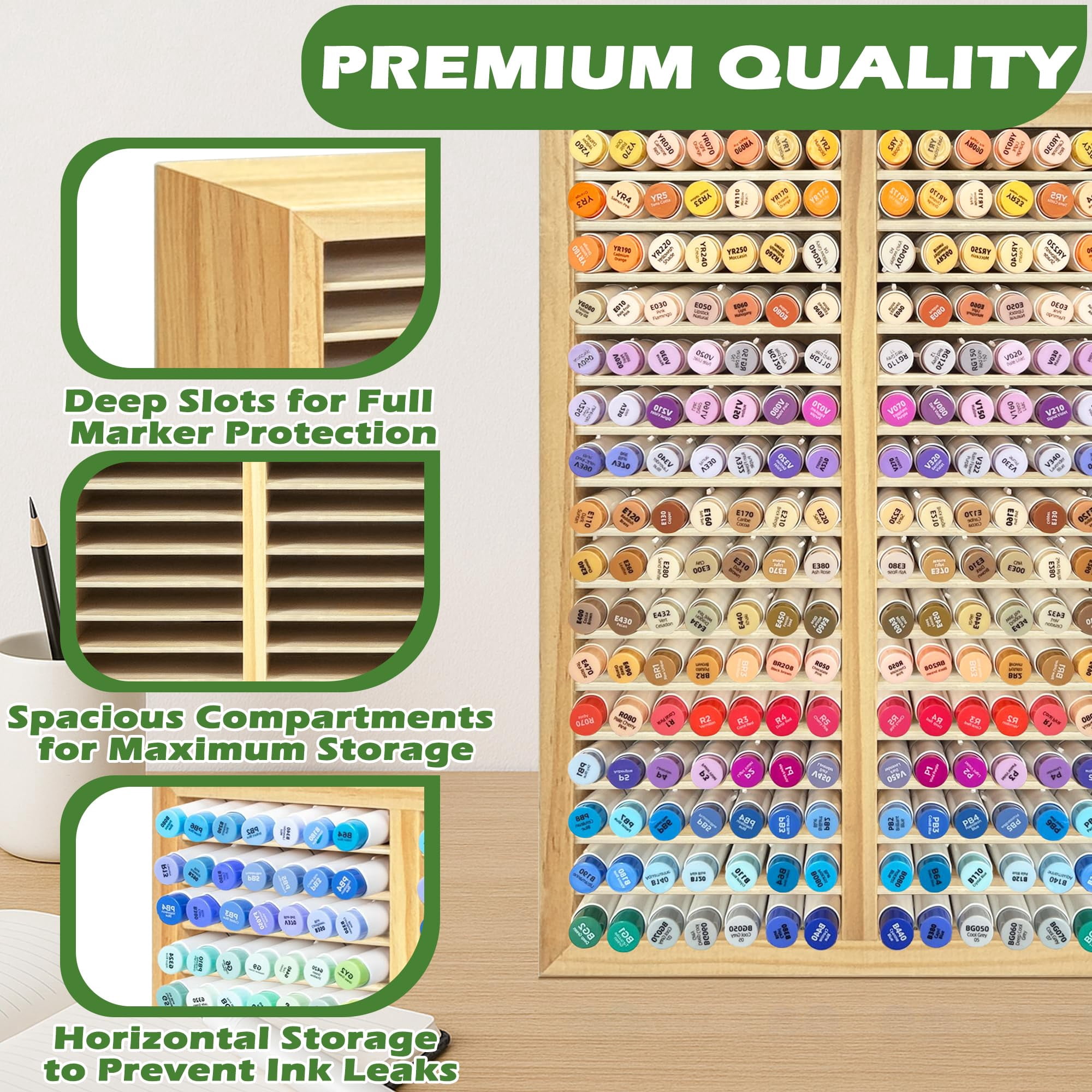 Marker Organizer For 224 Markers Wooden Holder With 32 Slots  Pens Pencils Art Supply Storage Desk Home Classroom Office Decor(natural 15"x11"x5.2 ")