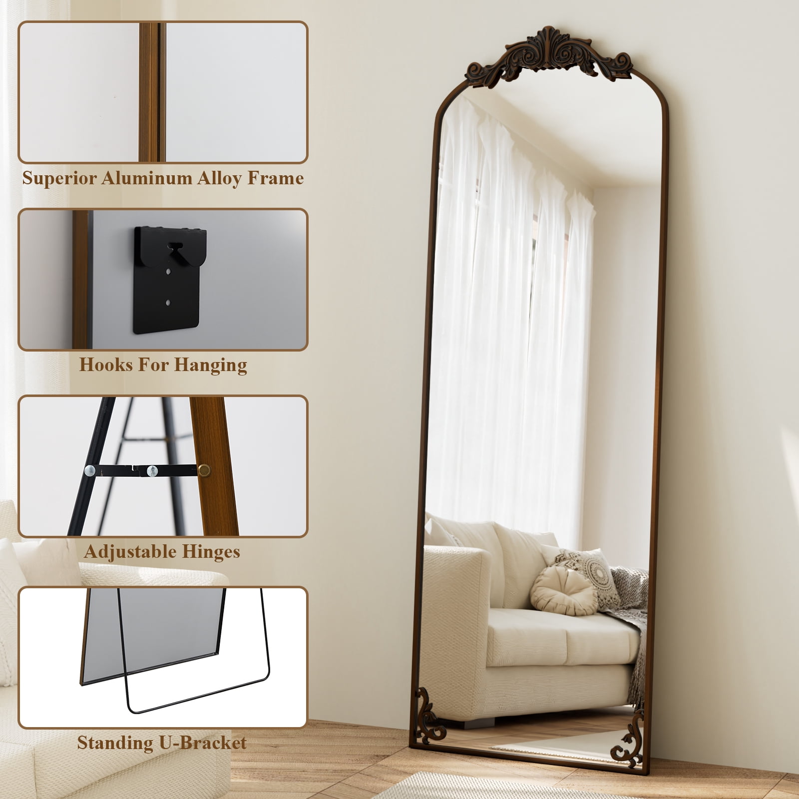 Mirstory 64"x 21" Arched Full Length Mirror Baroque Vintage Mirror with Carved Metal Frame, Antique Bronze