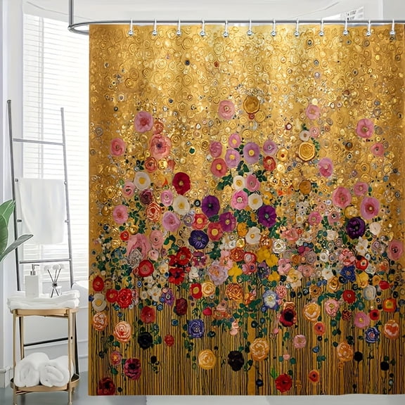 Klimt Inspired Floral Shower Curtain with Hooks, 70x70 Inch Bathroom Decor, Artistic Bath Curtain Decoration