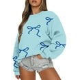 thumbnail image 3 of Women Tops Women's Long Sleeve Sweatshirt Casual Crewneck Loose Fit Pullover Fleece Tops, Bow Print Fall Winter Fashion with Soft Fabric for Comfortable Wear,Light Blue,XL, 3 of 6