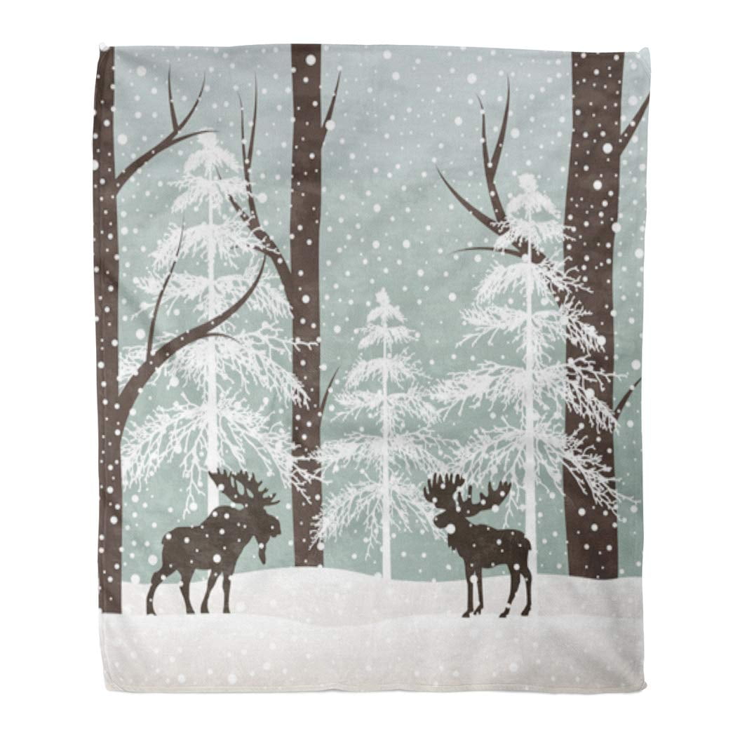KDAGR 50x60 inch Super Soft Throw Blanket Blue Christmas Winter Landscape with Moose Snow and