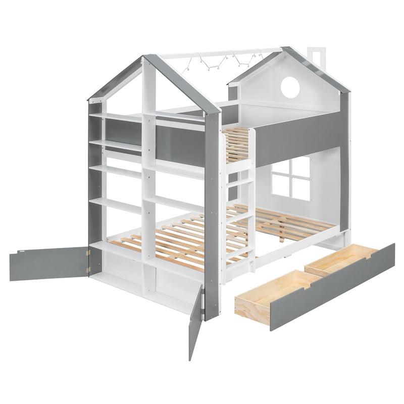 Full Over Full Bunk Bed with Storage Drawers and Shelves, Modern Two-Tone Wood Bunk Bed with LED Light Strip, Safety Guardrails and Ladder, Space-Saving Bed Frame for Kids, Teens