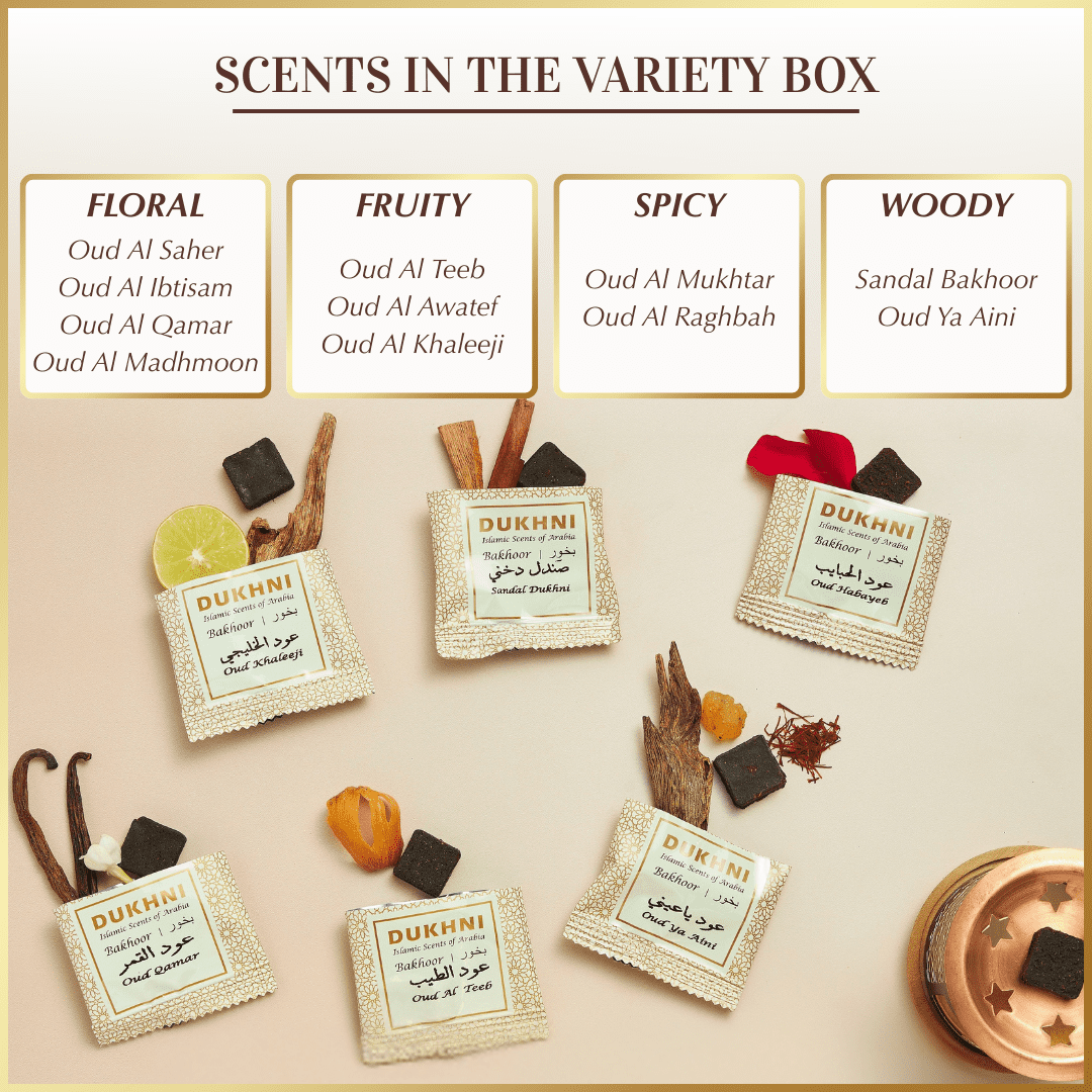 Dukhni Arabic  Oud Bakhoor Incense Set with Candle Burner, 10 Assorted Scents, 20-Pack