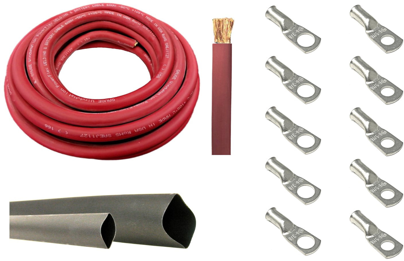 10 Feet Black Welding Battery Pure Copper Flexible Cable 3 Feet Black Heat Shrink Tubing 10pcs of 3/8 Tinned Copper Cable Lug Terminal Connectors 6 Gauge 6 AWG 10 Feet Red 