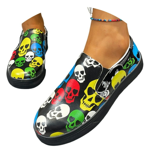 Chaussures Décontractées pour Femmes Mode Halloween Imprimé Squelette Plateforme à Enfiler Espadrilles Confortables Semelle Épaisse Chaussures de Marche pour Femmes
