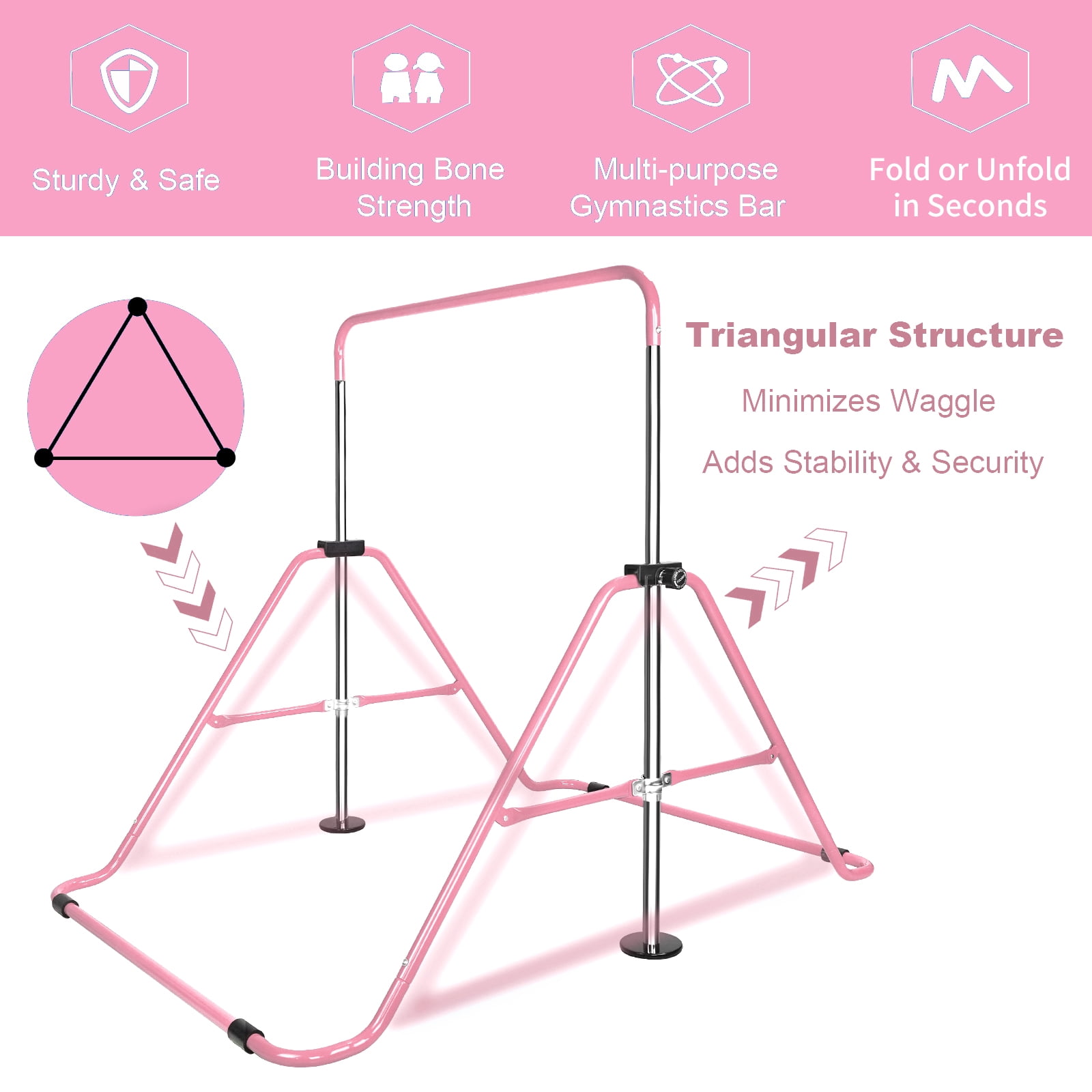 EUROCO Folding Gymnastics Bars for Kids, Height Adjustable Junior Training Bar, Horizontal Training Bars with Bear Rings