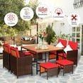 thumbnail image 6 of Costway 9PCS Patio Rattan Dining Set Cushioned Chairs Ottoman Wood Table Top Outdoor, 6 of 12
