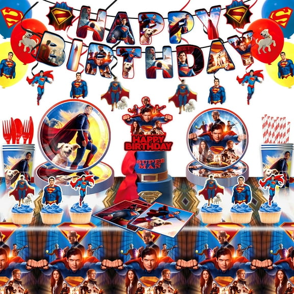 Superman themed birthday party supplies decorations include birthday banners, backdrops, tablecloths, balloons, plates, forks, knives, spoons suitable for kids' parties