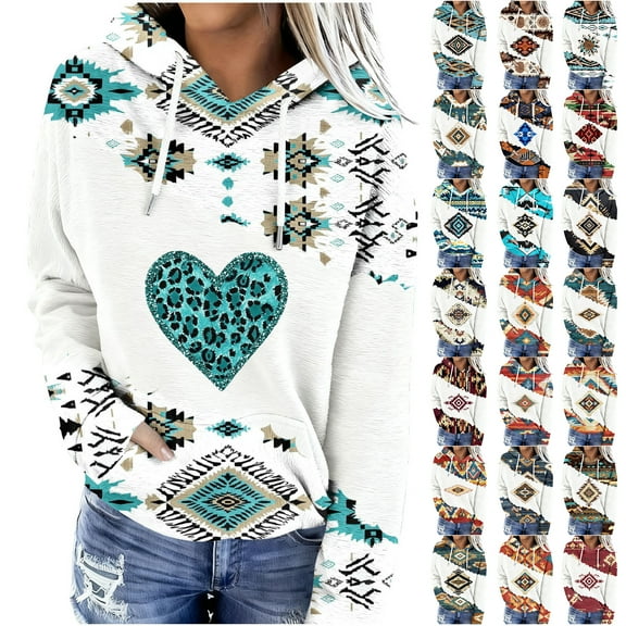 JTZGDY Aztec Hoodie Tops for Women Trendy Fall Long Sleeve Vintage Ethnic Style Print Drawstring Patchwork Hooded Pullover Sweatshirts Loose Fit Cozy Western Shirts with Pockets Multicolor#11 XXL