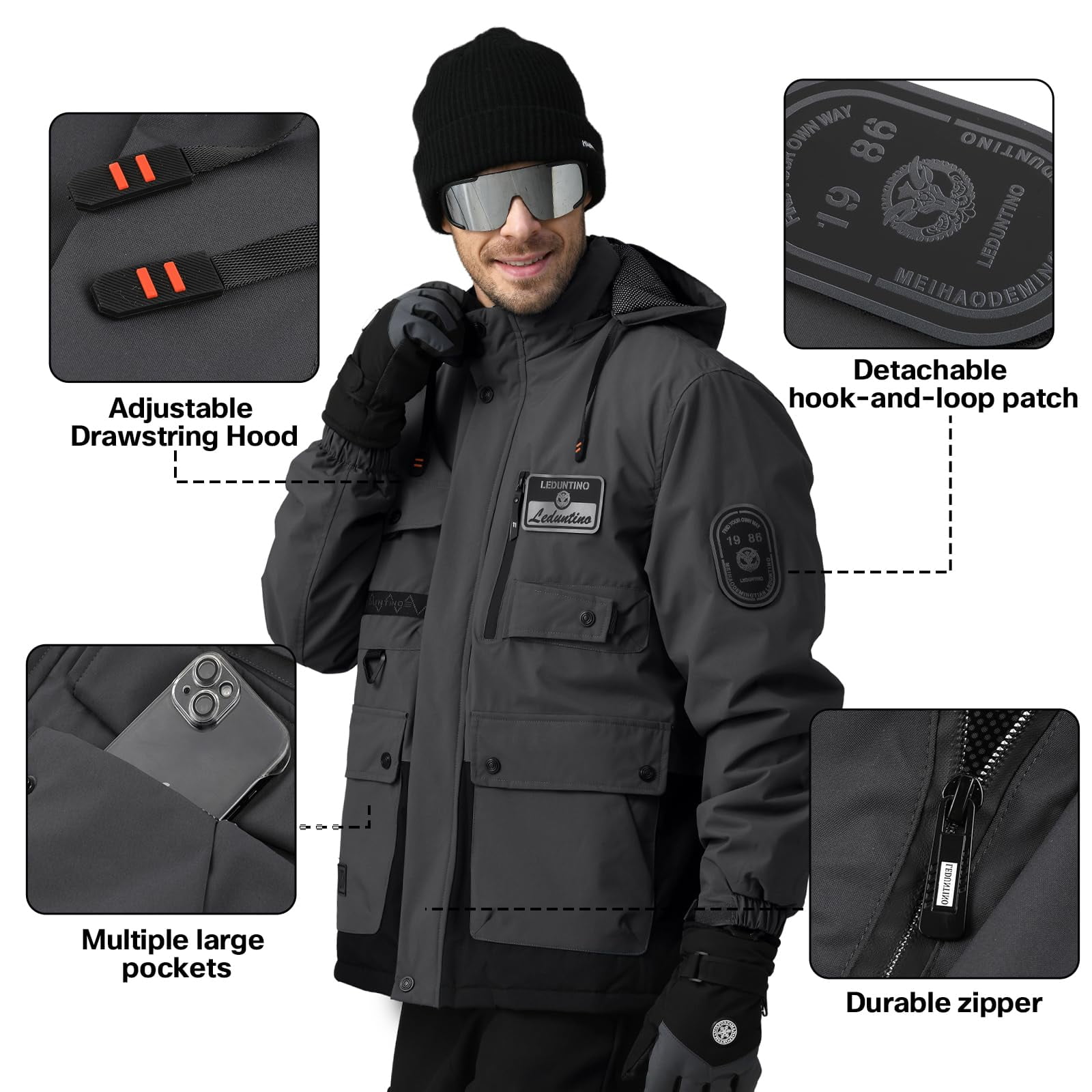 LEDUNTINO Men's Winter Jacket With Hood Water-Resistant Casual Coat Composite Fleece-Lined Outdoor Apparel For Cold Weather