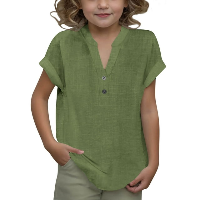 DecSea Linen Shirts for Kids 2025 Summer Button Down V Neck Short Sleeve Tops Casual Solid Blouses