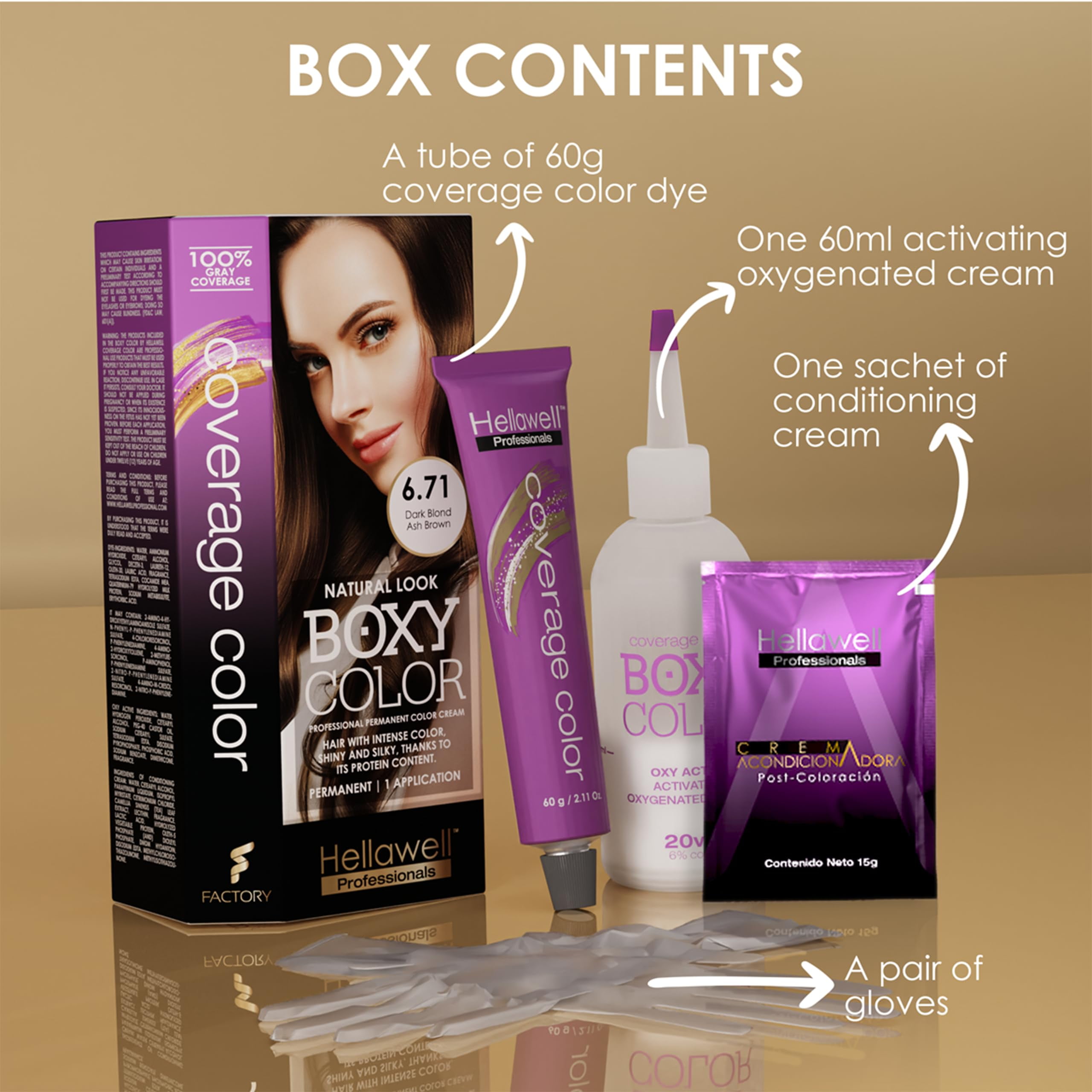 Professional Coloring kit - Permanent color cream hair dye. Gray Coverage. 6.71 Dark Blonde Ash Brown + Brown Color Shampoo and Conditioner Kit for Revives the Color.