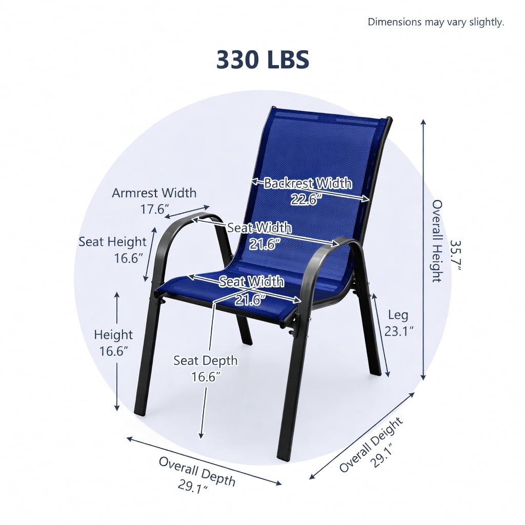 Hommoo 2-Pack Stackable Outdoor Dining Chairs with Armrests, Fabric, Grey Steel Frame, Ergonomic Patio Seating for Backyard, Deck & Balcony, Navy