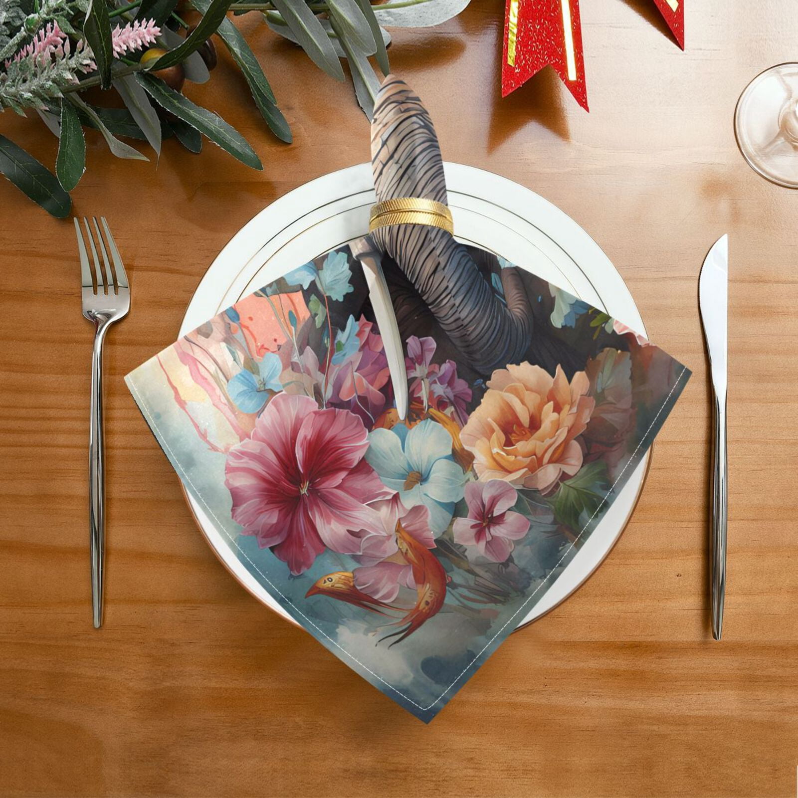 JSTEL Elephant Flowers Waterdolor Cloth Napkins Set of 6, 20x20 Inch Washable and Reusable Napkin for Decoupage Dinner Party Everyday Use