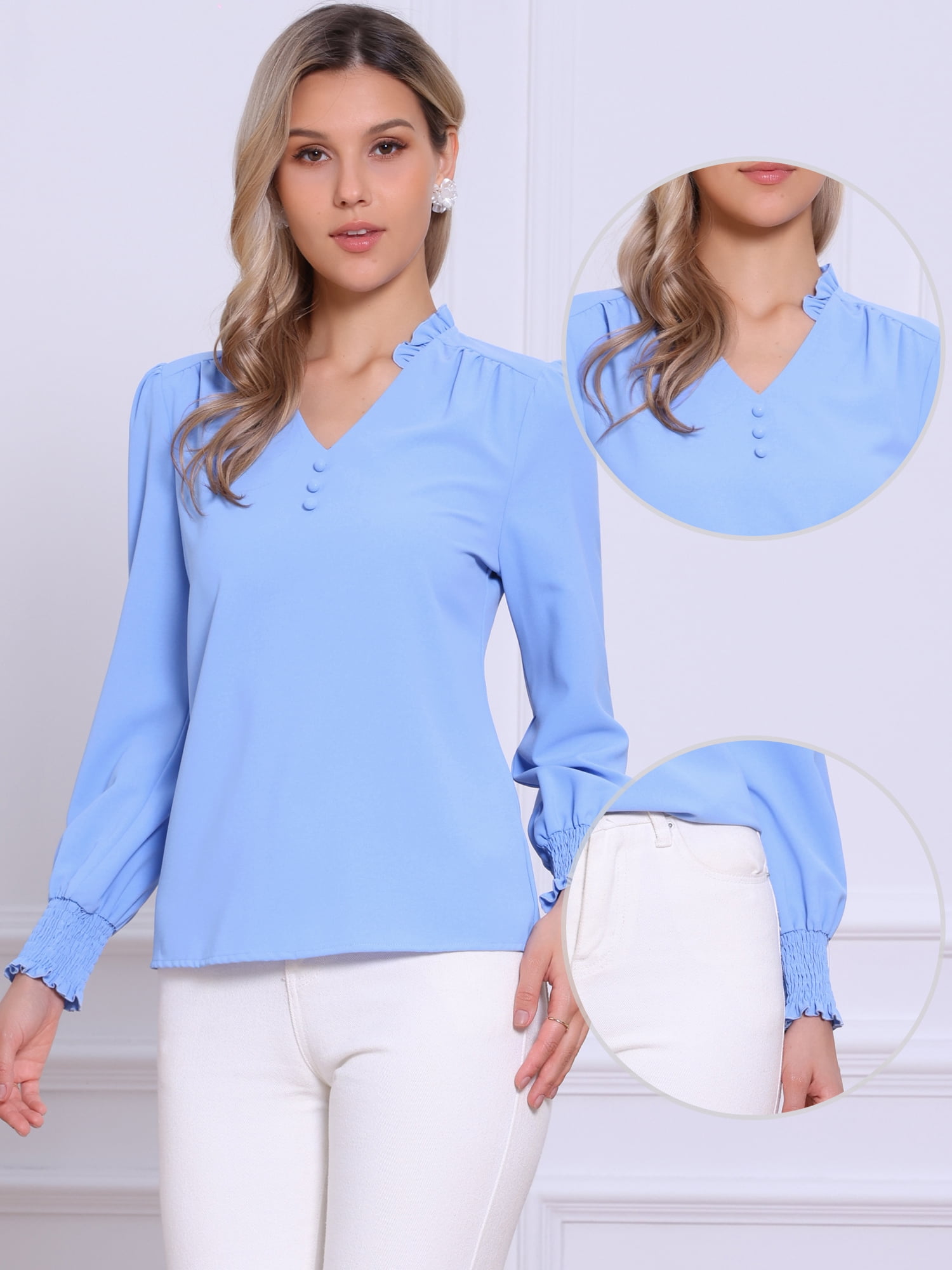 DARING DIVA Women's Vintage Ruffle V Neck Puff Long Sleeve Shirts XS Blue