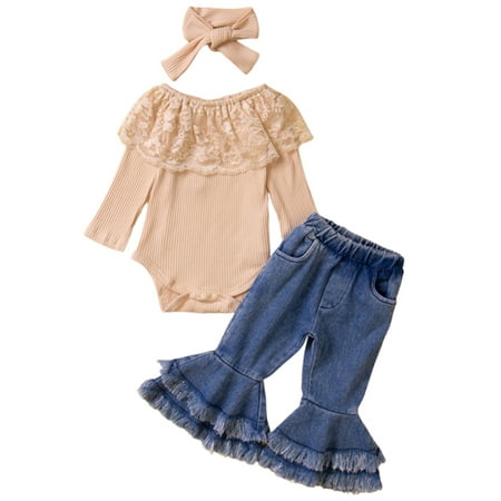 

elfinBE Baby Girl Toddler Lace Ruffled Long Sleeve Romper Jeans Flared Pants And Headband 3PCs Outfits Set 3-18M