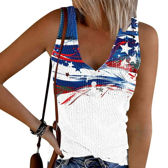 Independence Day Tank Women Red White and Blue Tank for Women Red White and Blue Tank Tops for Women American Flag Top Women's New Summer V-Neck Sleeveless Casual Printed Button Up T-Shirt