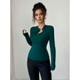 thumbnail image 5 of Women's Metal Ring Long Sleeve Asymmetrical Neck T Shirt Slim Fit Ruched Going Out Tops Green S, 5 of 8