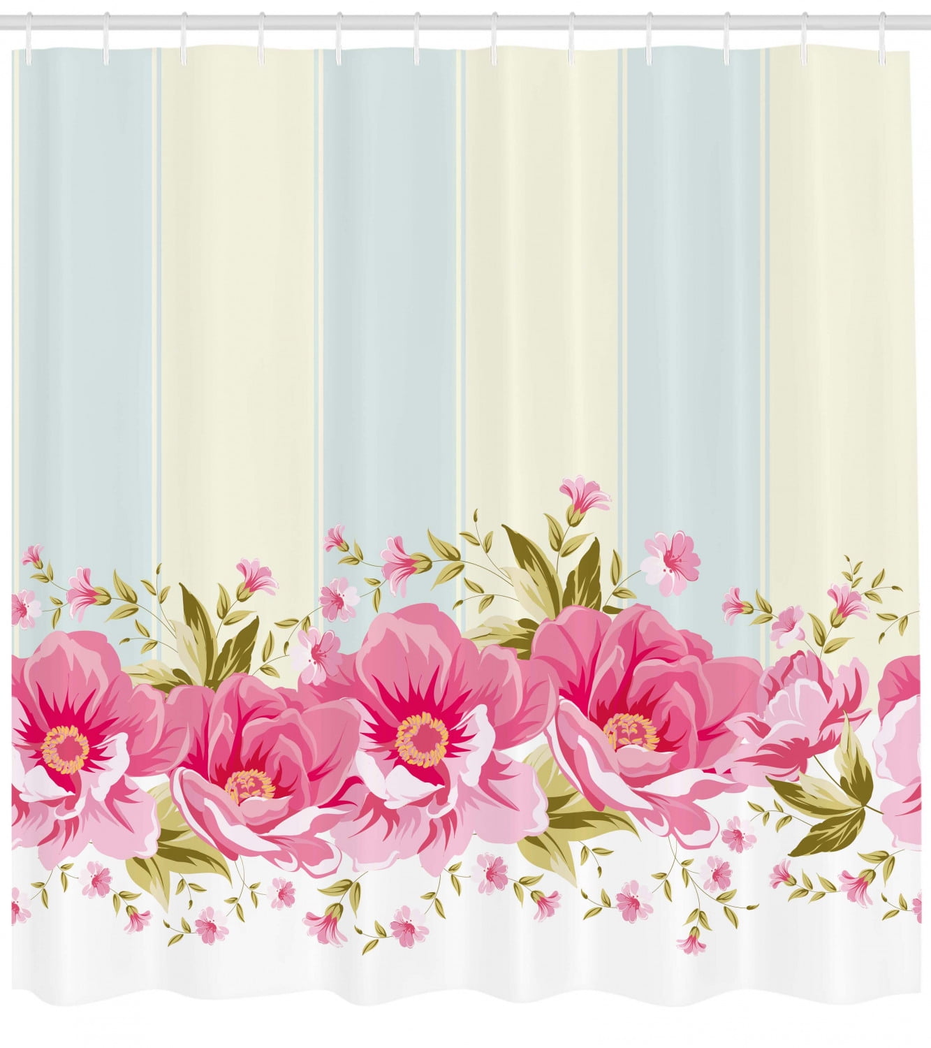 Vintage Shower Curtain, Pink Peony Border on Vertical Striped Tile