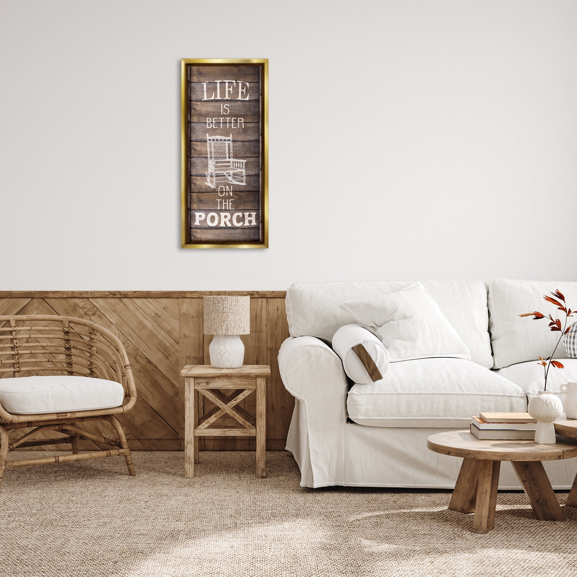 Stupell Industries Porch Life Country Rustic Inspirational Painting Gold Floater Framed Canvas Art Print Wall Art, 15 x 31