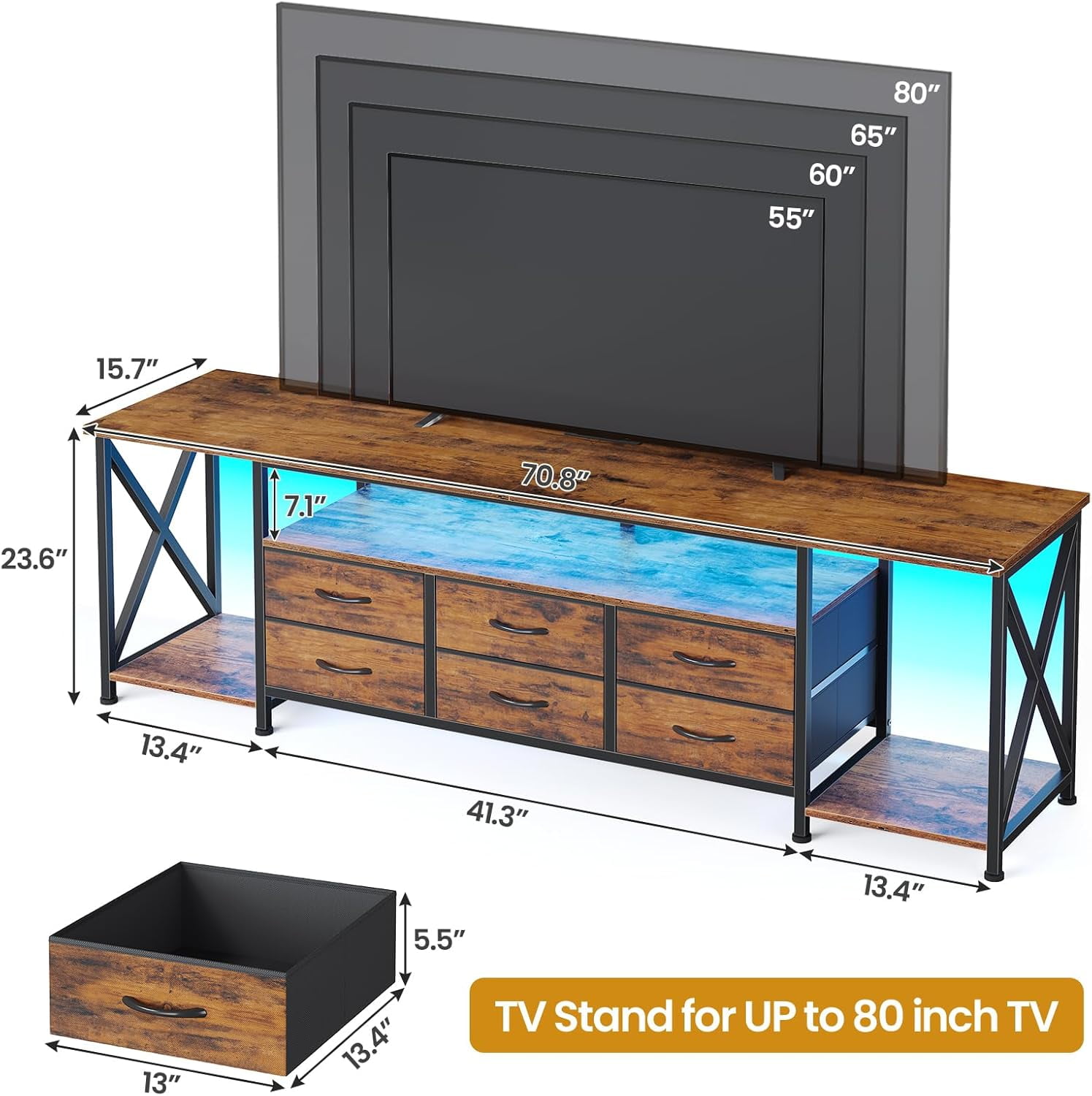 Afuhokles TV Stand for 80 Inches TV, Entertainment Center with LED Lights and Power Outlets, 6 Fabric Drawers, Rustic Brown