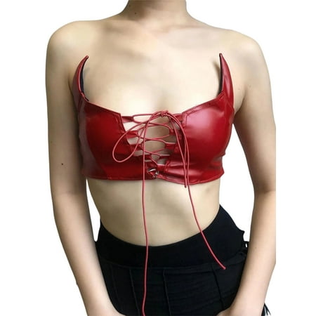 

GuliriFei Women s Halloweens Devil s Horn Hollow Out Bra Top Sleeveless Backless Tank Tube Bandage Crop Tops