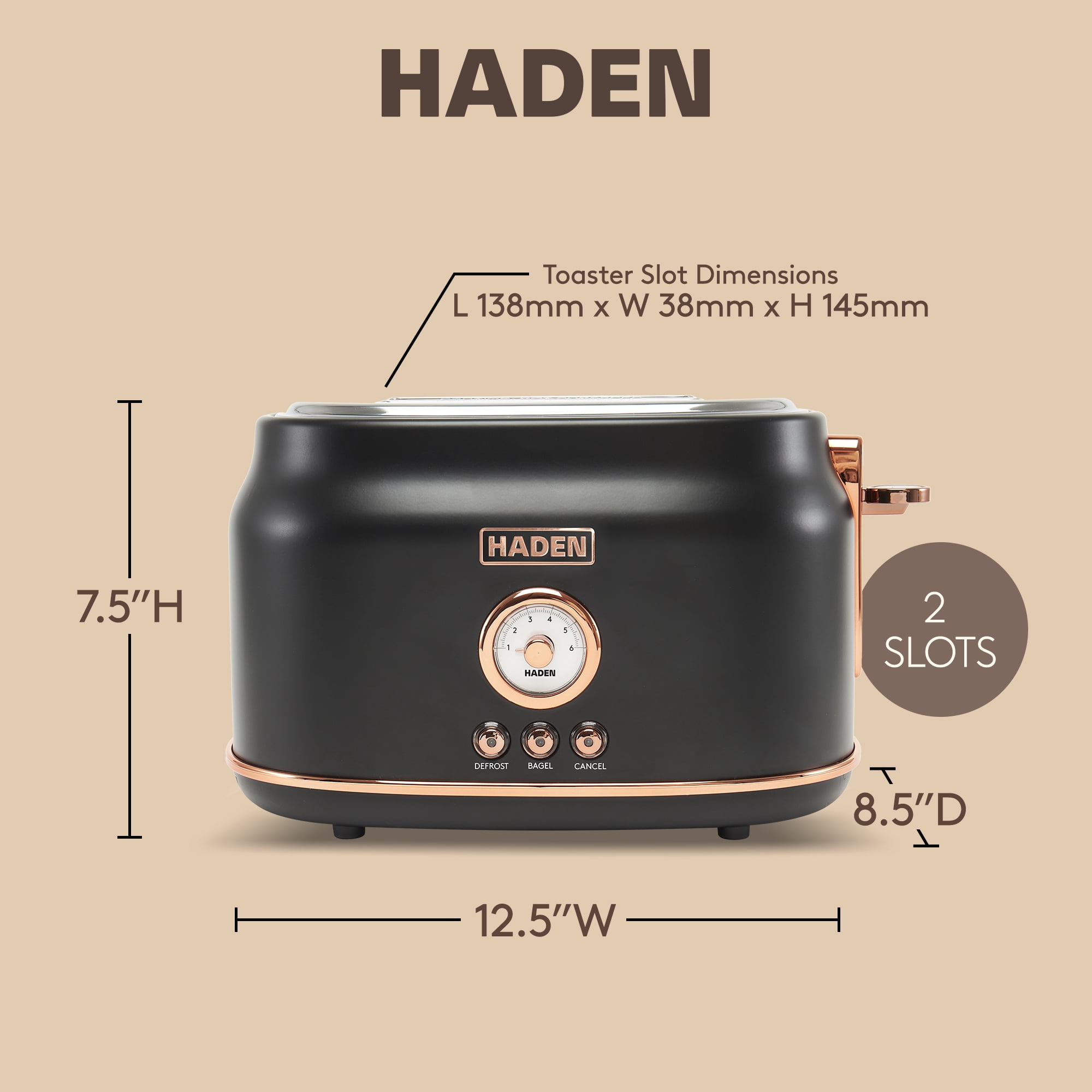 HADEN Dorset 2-Slice Wide Slot Stainless Steel Toaster, Black / Copper