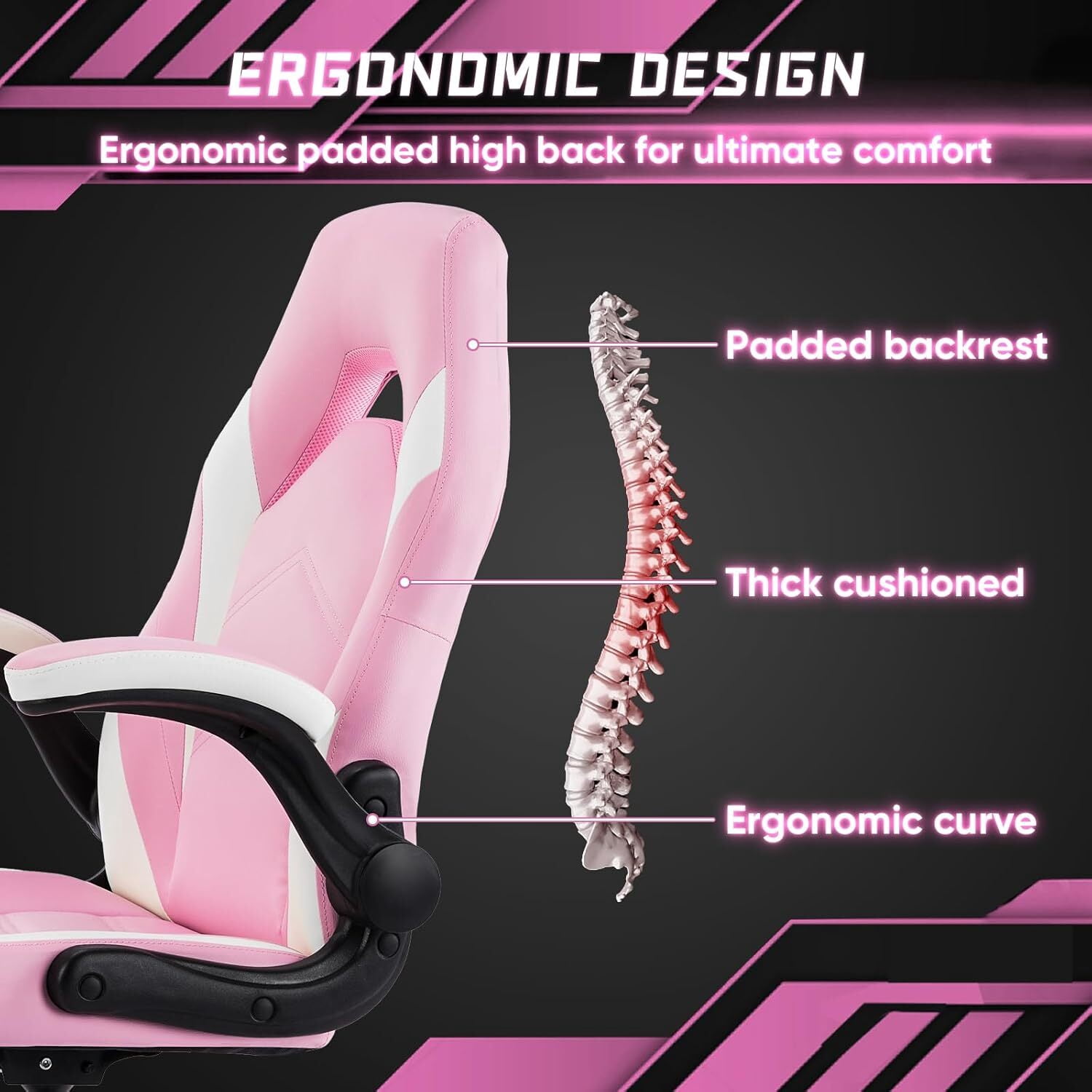 AENKYO Gaming Chair, Computer Chair Ergonomic Office Chair PU Leather Desk Chair Executive Adjustable Swivel Task Chair with Flip-up Armrest, Pink