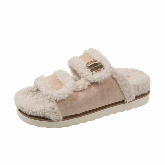 Plush Slippers for Women Winter Fur Slippers Outdoor Fluffy Slides Mules Flip Flops Fashion Warm Comfort Casual Flat Slipper (creamy-white,36)
