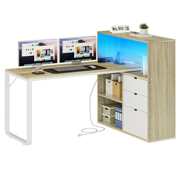 VibrantEcho 55" L Shaped Computer Desk, Oak & White with Drawers, Power Outlets & Bookshelf