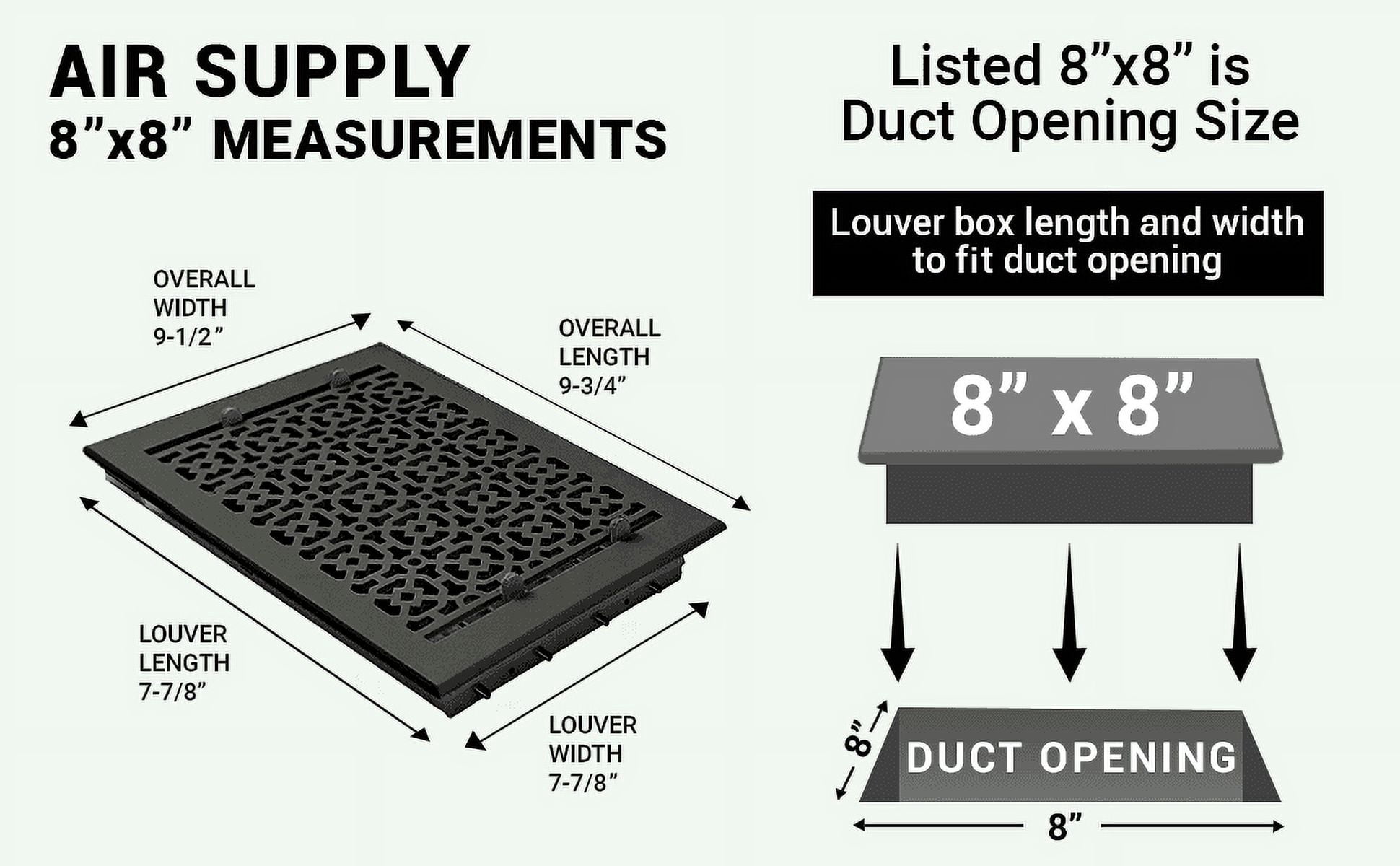 Achtek Air Supply Vent 8"x 8" Duct Opening (Overall 9-1/4"x 9-3/4") Solid Cast Aluminum Register Cover | Powder Coated