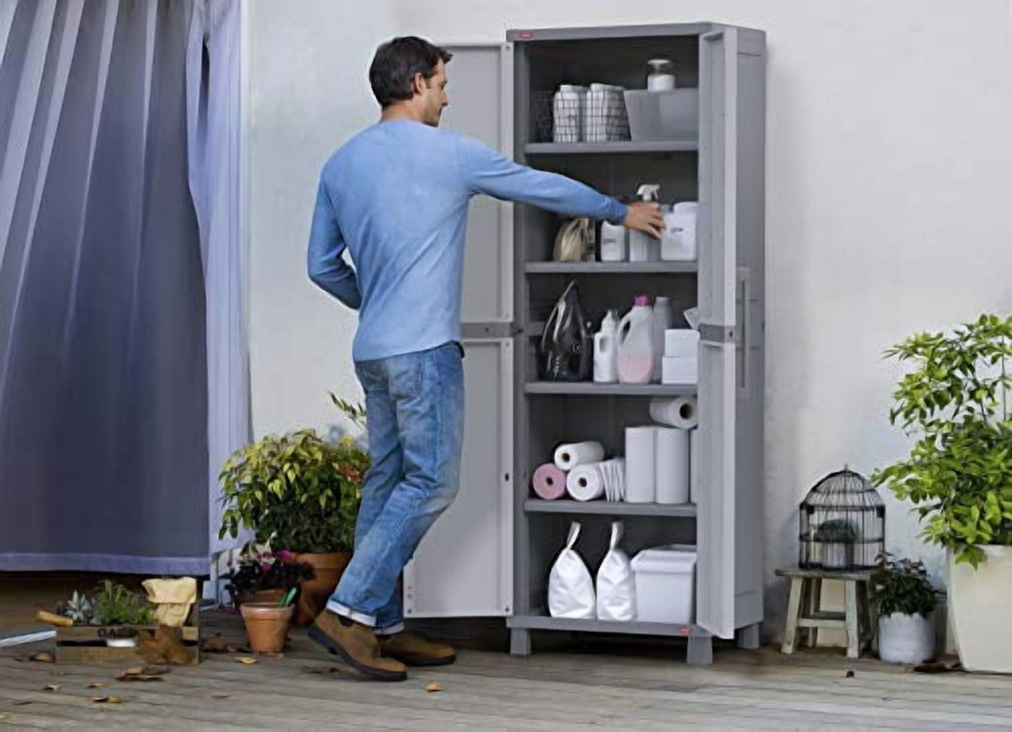 KETER Storage Cabinet with Doors and Shelves for Tool and Home Organization, White & Grey