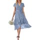 thumbnail image 1 of Mujeres Verano Casual Midi Vestido Suizo Punto V-Cuello Mosca Manga Lazo Plisado Ruffle Vestido Playa Vacaciones Vestido de gasa Nituyy Vestido plisado multicolor, 1 of 5
