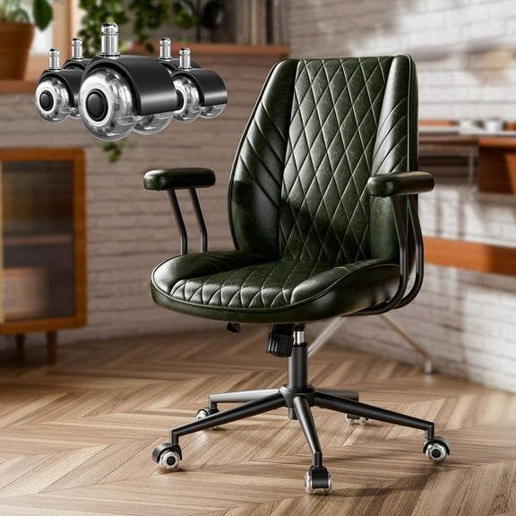 HomeZeer PU Leather Office Desk Chair, Quiet Roller Casters, Adjustable Height & Padded Arms, Vintage Executive Desk Chair for Home Office, Green