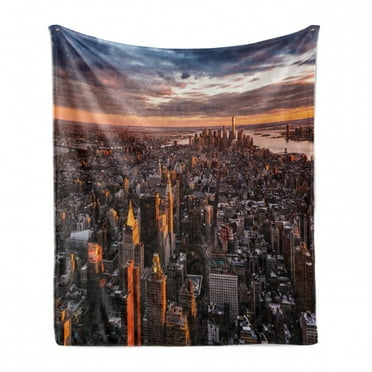 USA Soft Flannel Fleece Throw Blanket, Aerial View of the Manhattan Skyline at Sunset Famous Financial District NYC, Cozy Plush for Indoor and Outdoor Use, 70" x 90", Blue Orange White, by Ambesonne