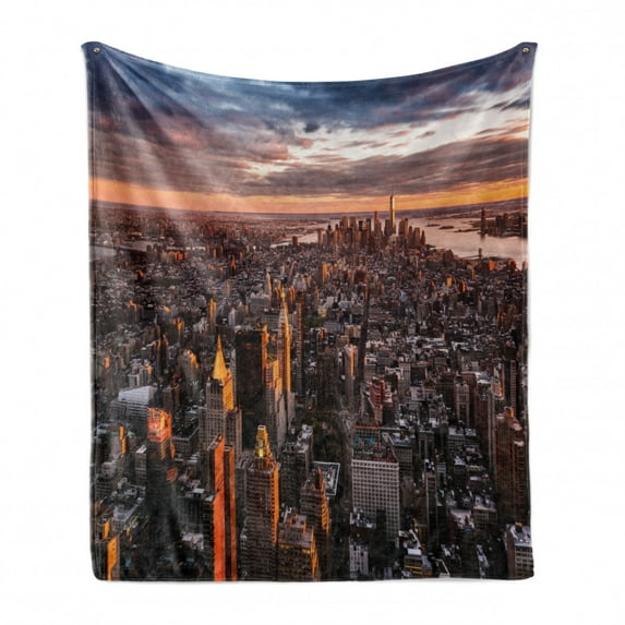 USA Soft Flannel Fleece Throw Blanket, Aerial View of the Manhattan Skyline at Sunset Famous Financial District NYC, Cozy Plush for Indoor and Outdoor Use, 50" x 60", Blue Orange White, by Ambesonne