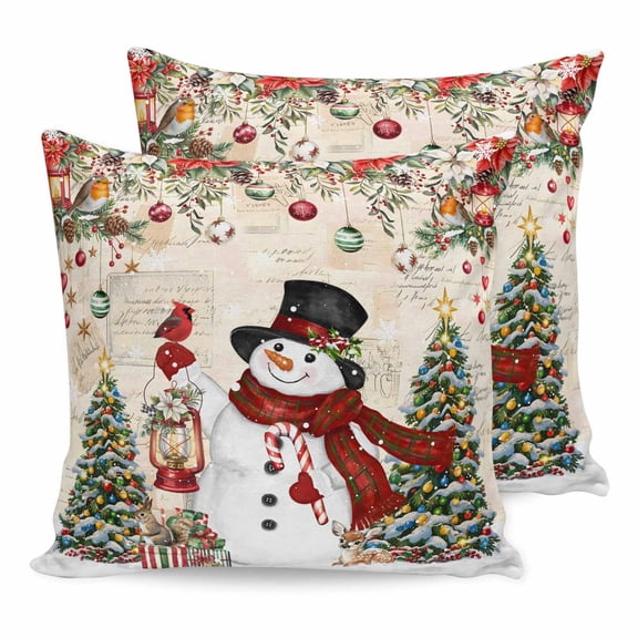 Pillow Covers 16x16 Set of 2, Red Beige Christmas Throw Pillow Covers Decorative Couch Cushion Cover, Snowman Xmas Tree Ball Snowflake Winter Microfiber Soft Pillowcases for Bedroom Living Room Sofa