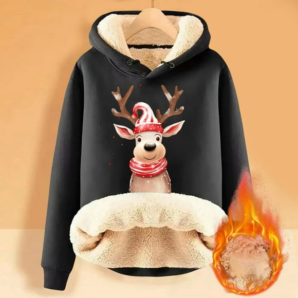 WILLBEST Womens Coats Women Winter Coats Plus Size Wool Women's Christmas A Winter Pile Thickened Warm Solid Color Cardigan Lambswool Hooded Sweatshirt Jacket