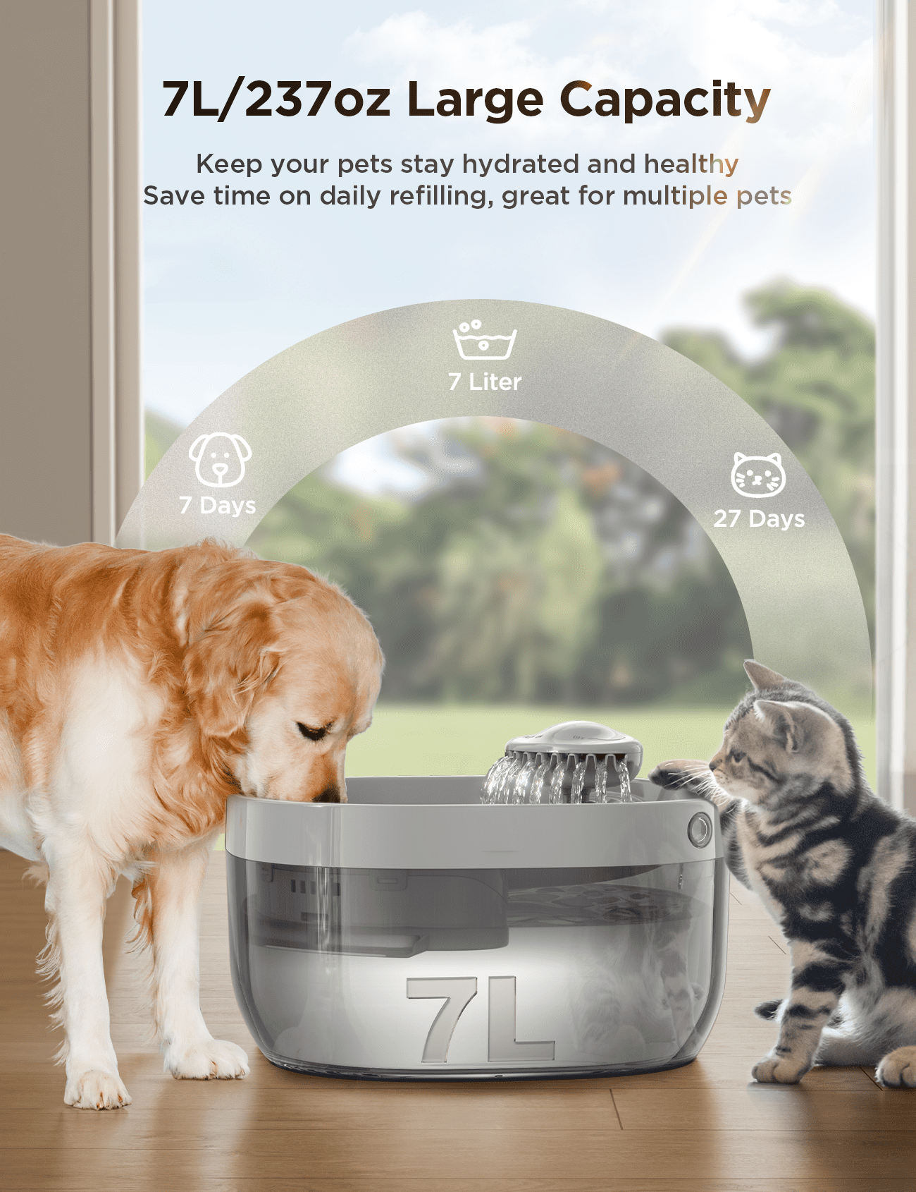 FeelNeedy 7L/237oz Pet Fountain, Large Dog Cat Water Fountain Dispenser with 2 Filters for Small/Medium/Large Dogs, Cats, Multiple Pets, Gray