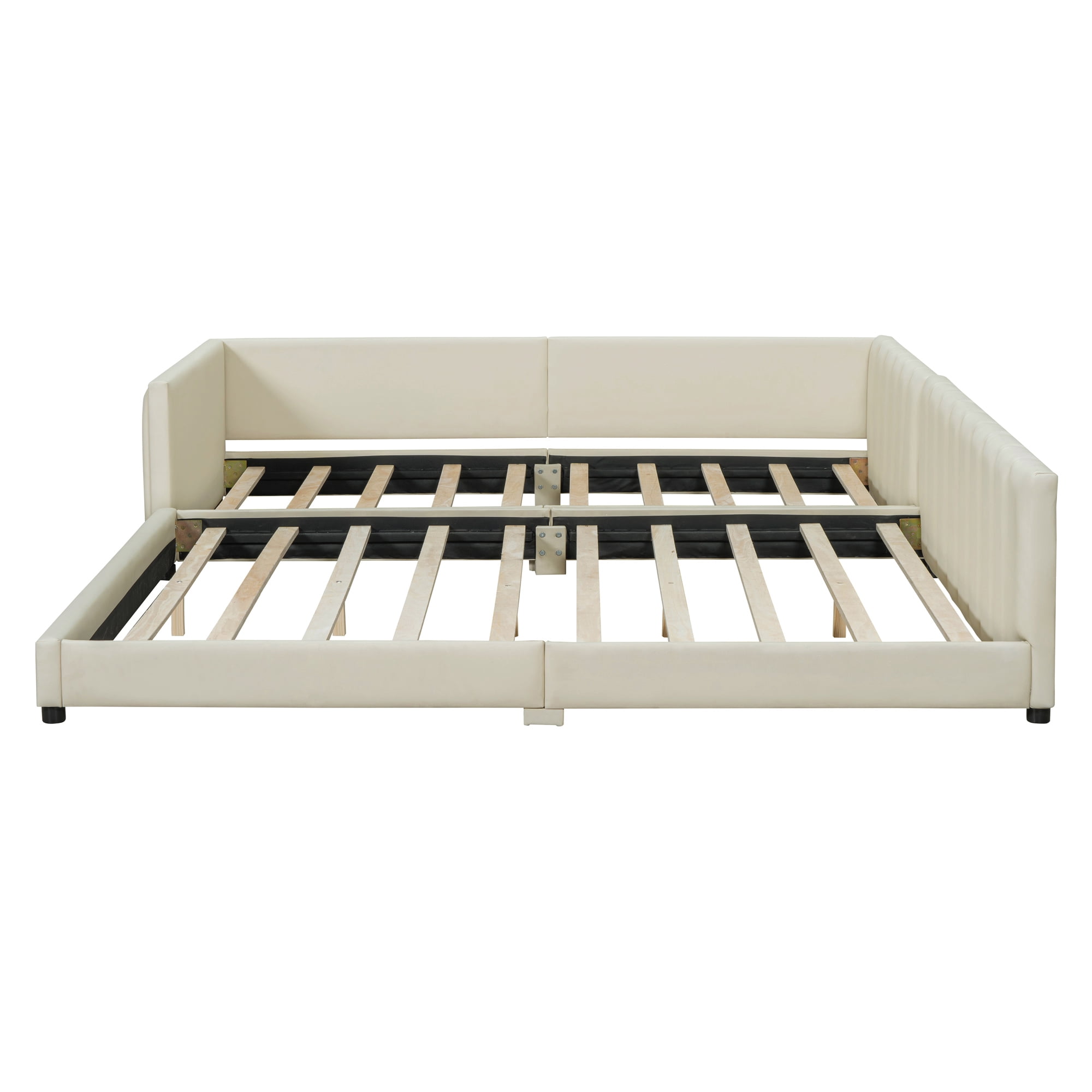 Harper & Bright Designs Wooden Mother Bed Frame Queen and Twin XL Size Daybed, PU Leather Upholstered Grounded Platform Bed, Beige