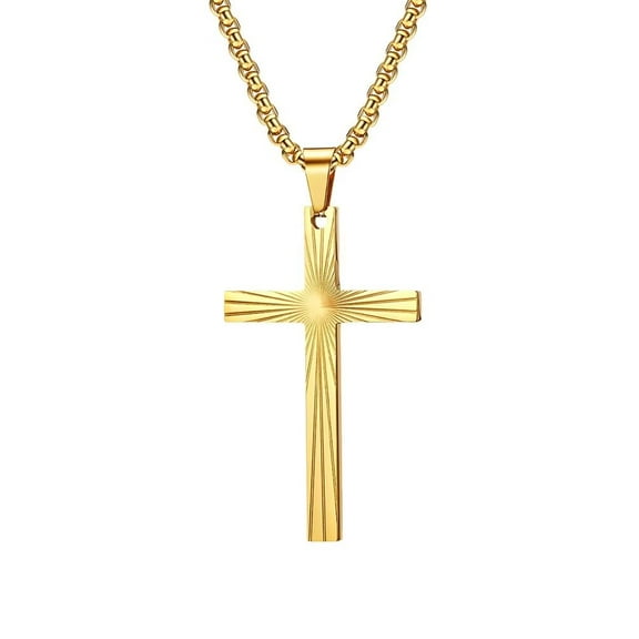 PAMTIER Unisex Stainless Steel Creative Classic Refraction Ray Light Religion Cross Pendant Lucky Amulet Crucifix Necklace Faith Gold 23.6" Chain