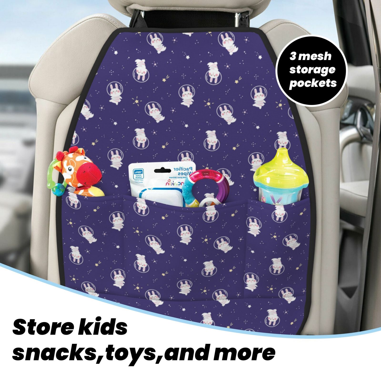 Kdxio Astronaut Rabbit Print 2 Pack Car Kick Mat Seat Cover Back Protector Mat with Pockets for Organizer Backseat Protector and Storage Anti Kick Pad for Vehicles