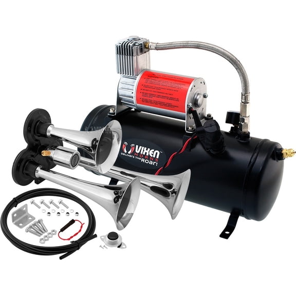Vixen Horns Train Horn Kit for Trucks/Car/Semi. Complete Onboard System- 150psi Air Compressor, 1.5 Gallon Tank, 3 Trumpets. Super Loud dB. Fits Vehicles like Pickup/Jeep/RV/SUV 12v VXO8530/3311C