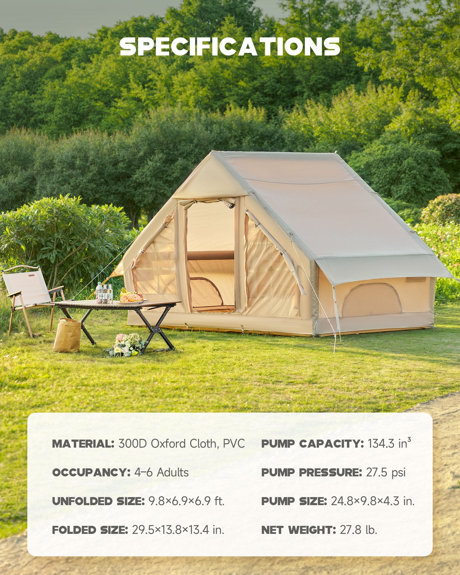 Bestco inflatable Camping Tent 4-6 person, Waterproof with Dual Doors and Windows. Includes Pump for Easy Setup, Suitable for All Seasons