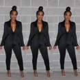 thumbnail image 3 of 2 PCS Women Solid Color Outfits, Long Sleeve V-neck Layered Ruffle Hem Blazer Ankle-length Pants, 3 of 5
