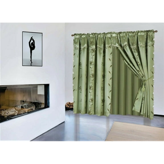 1 Set Nada Sage Green color Luxury Faux Jacquard Floral Design Panel, Rod Pocket Window Curtain total wide 120" inches Set Attached Valance, Panel, And Sheer 8 piece