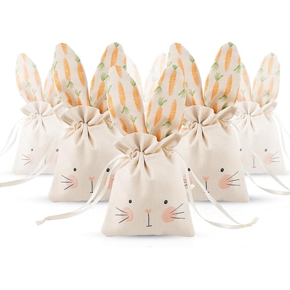 Bunny Birthday Decoration Party Gift Bags Easter Treat Bags Bunny Favor Bag Reusable Burlap Goodie Rabbit Drawstring Pack of 6