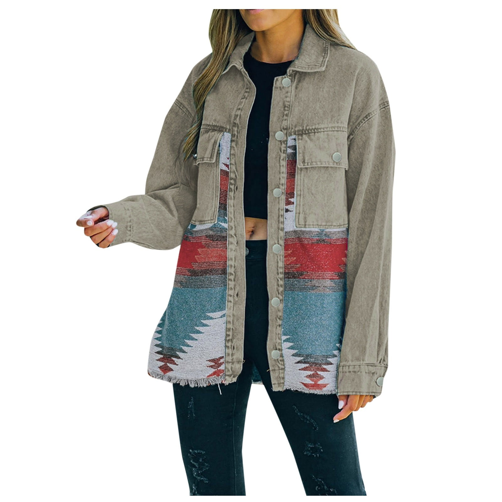 Bmisegm Women's Aztec Shacket Distressed Lapel Long Sleeve Button