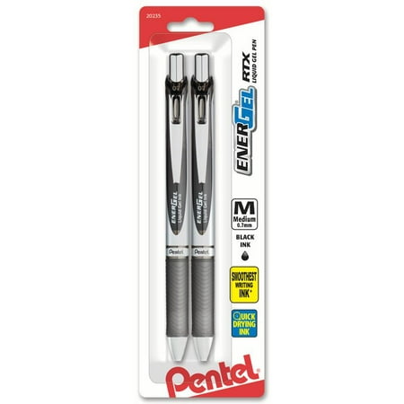 Pentel EnerGel RTX Retractable Liquid Gel Pen, (0.7mm) Metal Tip, Medium Line, Black Ink 2-Pk