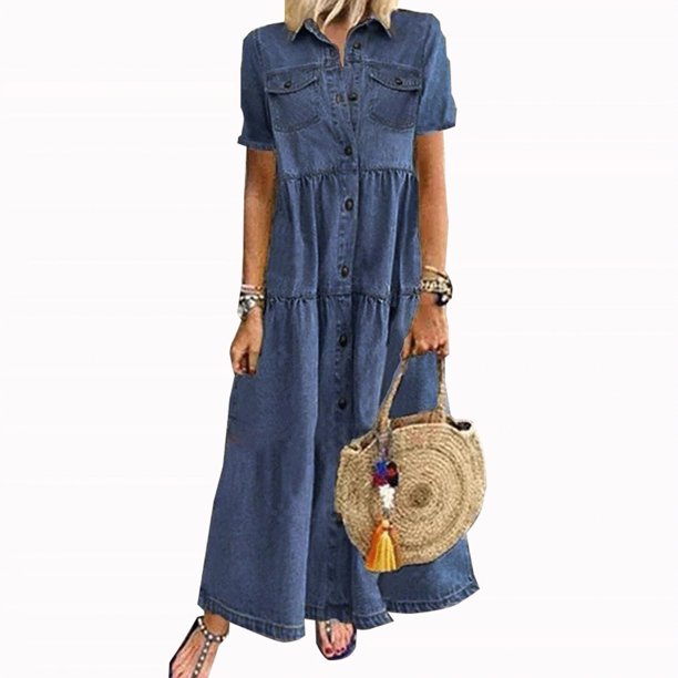 Danhjin Women's Summer Denim-Like Shirt Dress Short Sleeve Distressed ...